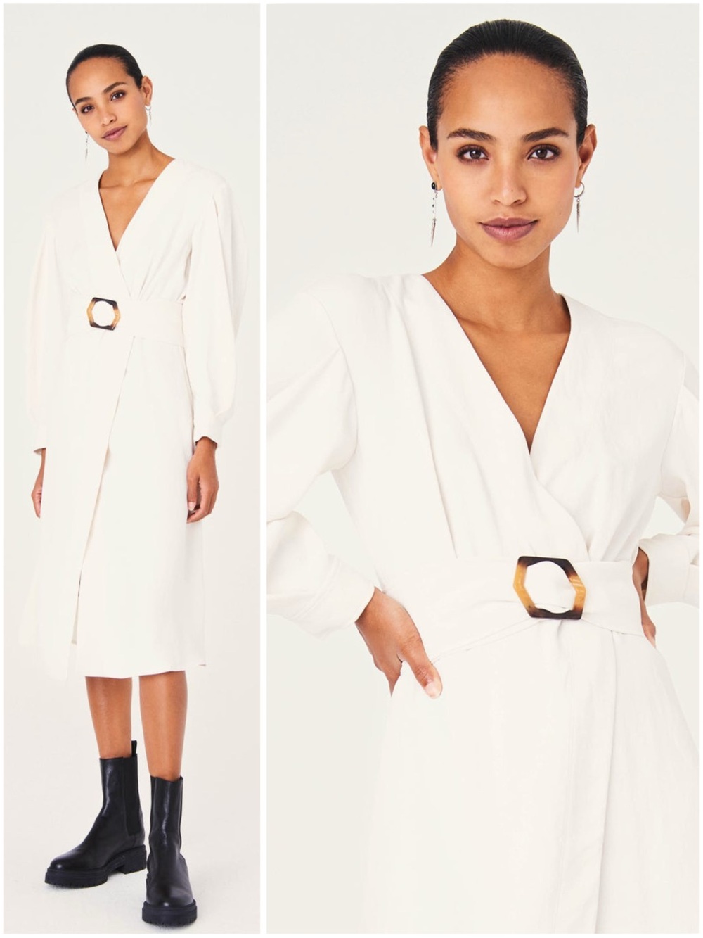 ba&sh Cream Wrap Midi Dress with Tortoiseshell Buckle
